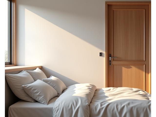 A calm bedroom in an apartment, featuring a new acoustic door. Soft, natural light fills the room.